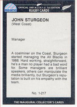 1991 Regina NZRFU 1st Edition #1 John Sturgeon Back